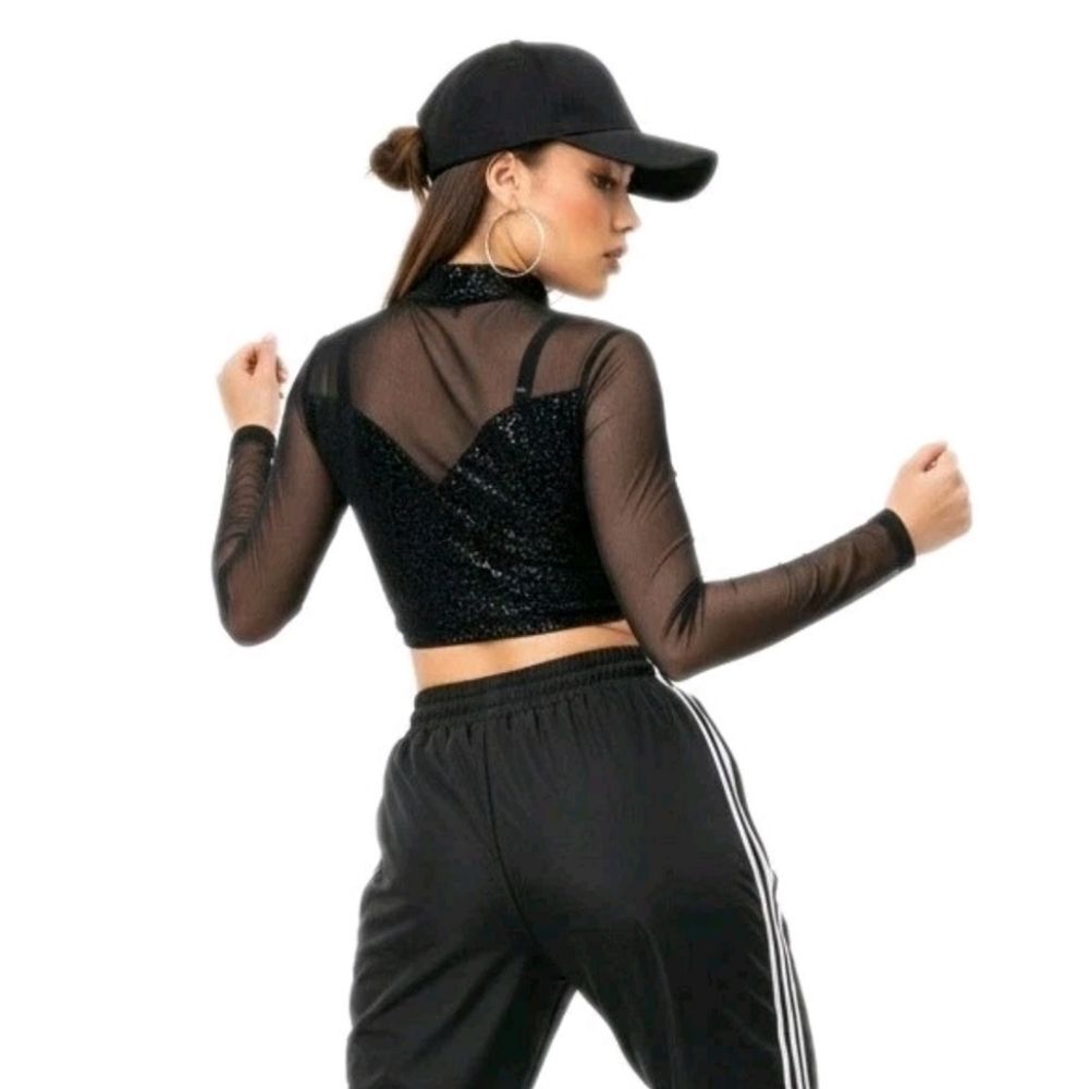 Body Wrappers VTG Mesh Velvet LS Mock Neck Dance Midriff Bling Top Size Adult L - Picture 2 of 16